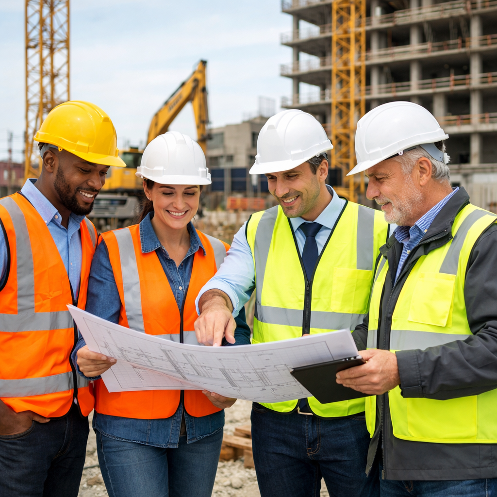Four construction workers in safety vests and helmets examining blueprints on a construction site